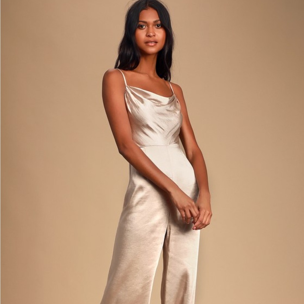 Lulu's Perfect Night Champagne Satin Cowl Neck Culotte Jumpsuit